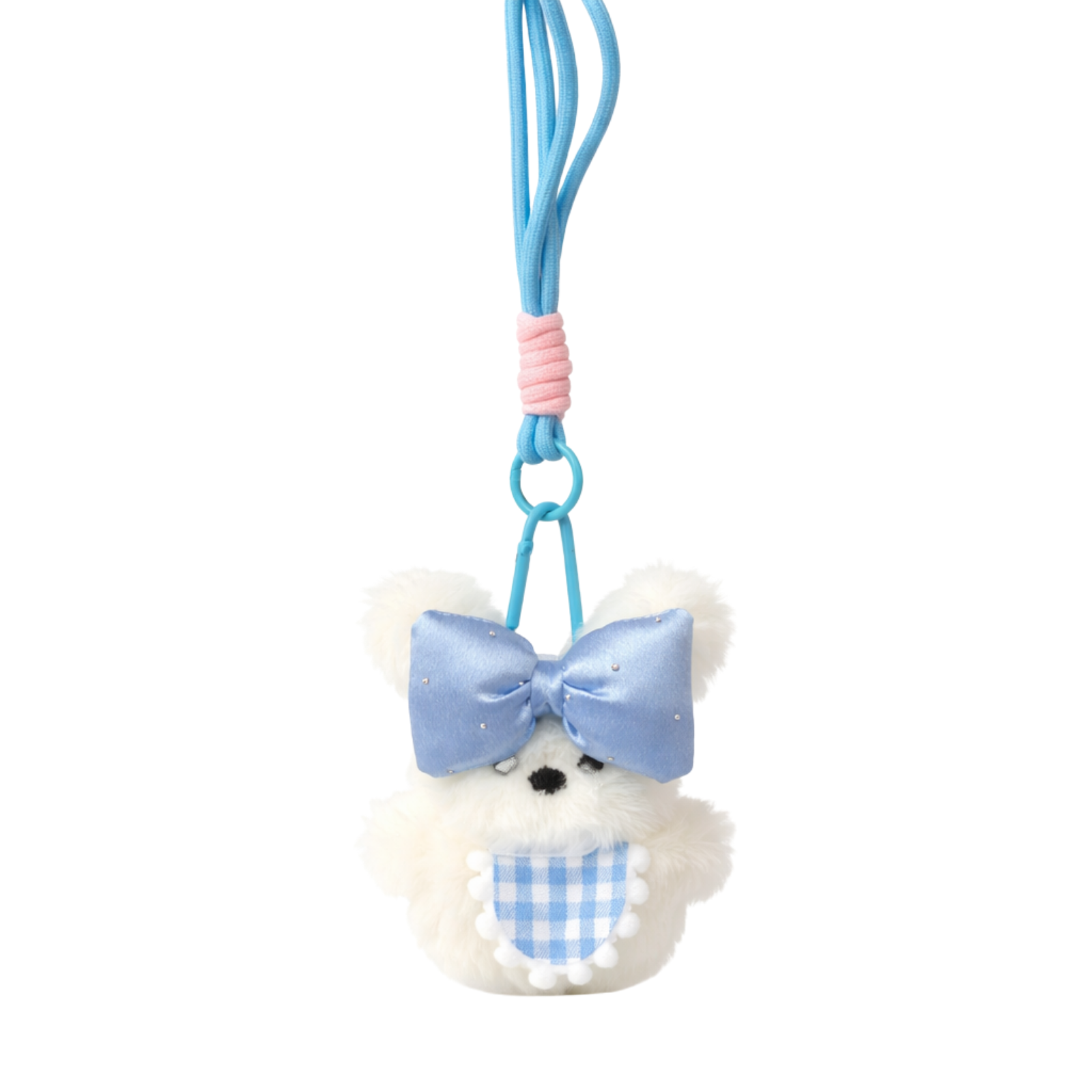 White Teddy Plush Bag Charm with Bow & Checkered Apron