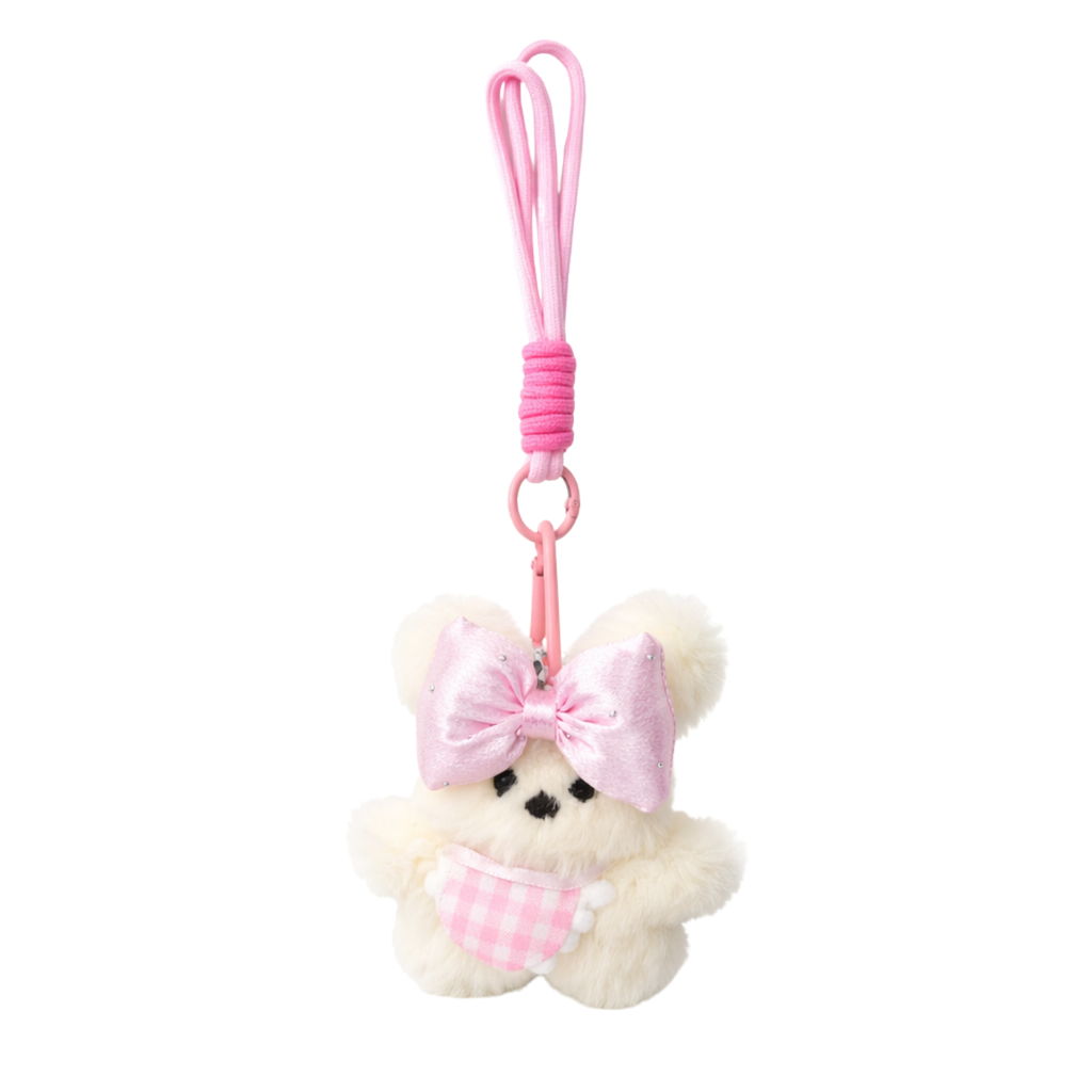 White Teddy Plush Bag Charm with Bow & Checkered Apron