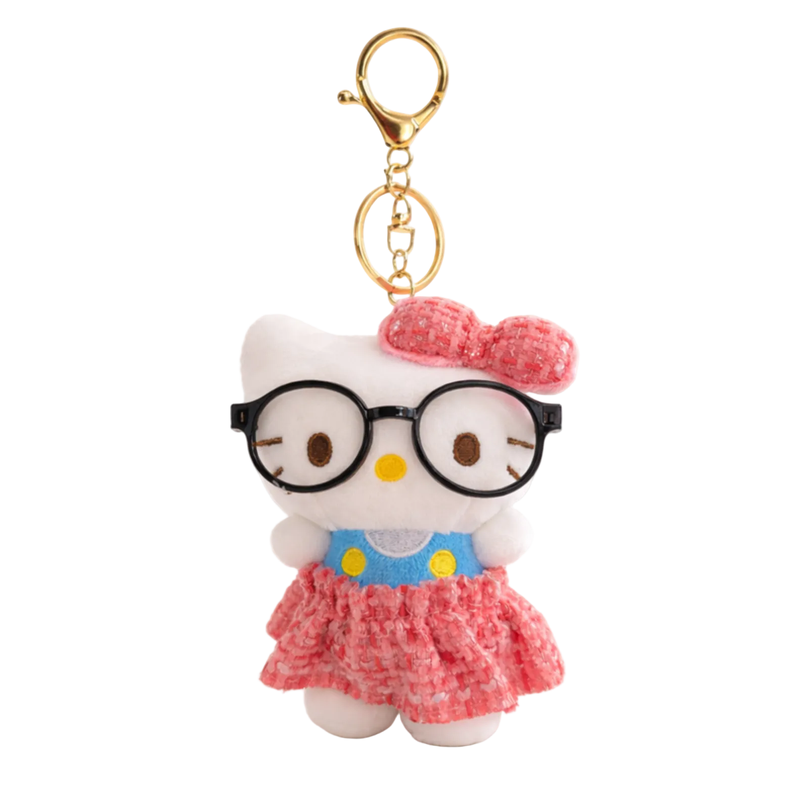 Keychain with a cartoon character wearing glasses and a pink dress on a white background