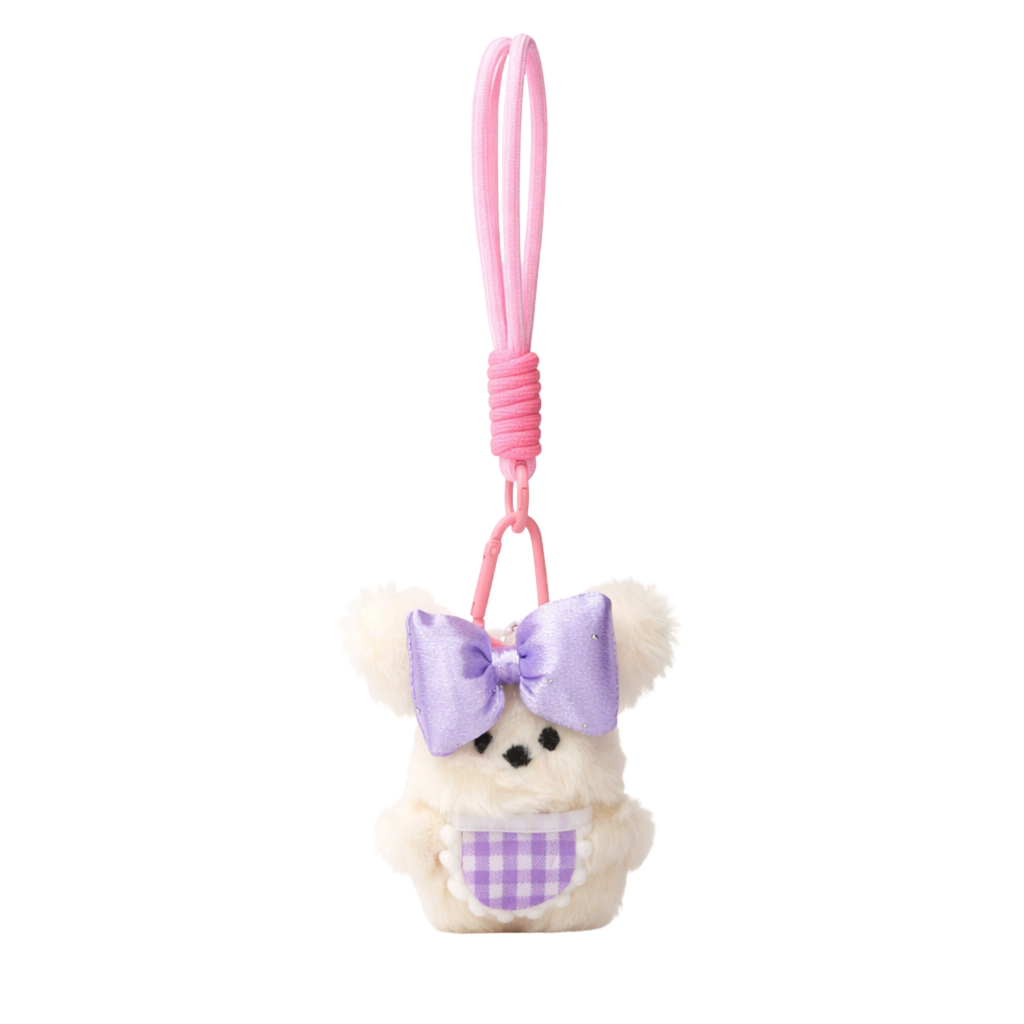 White Teddy Plush Bag Charm with Bow & Checkered Apron