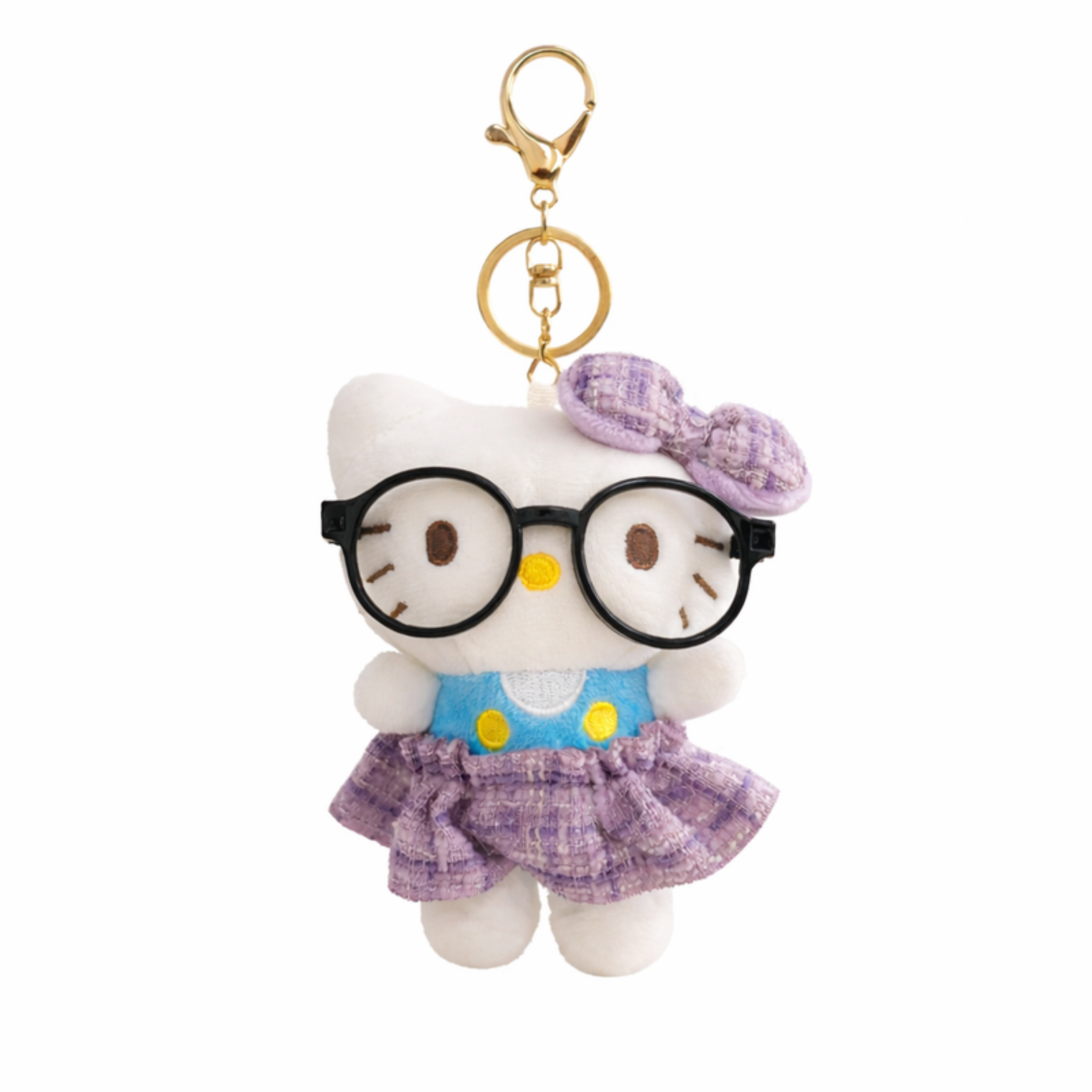White Cat Plush Bag Charm with Glasses, Bow & Dress