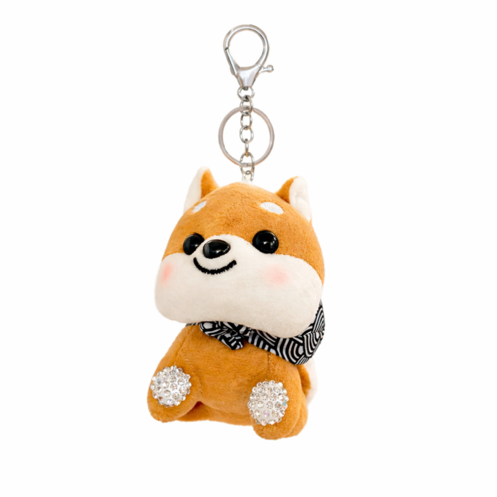 Brown Shiba Inu Plush Bag Charm with Crystal Paw & Scarf