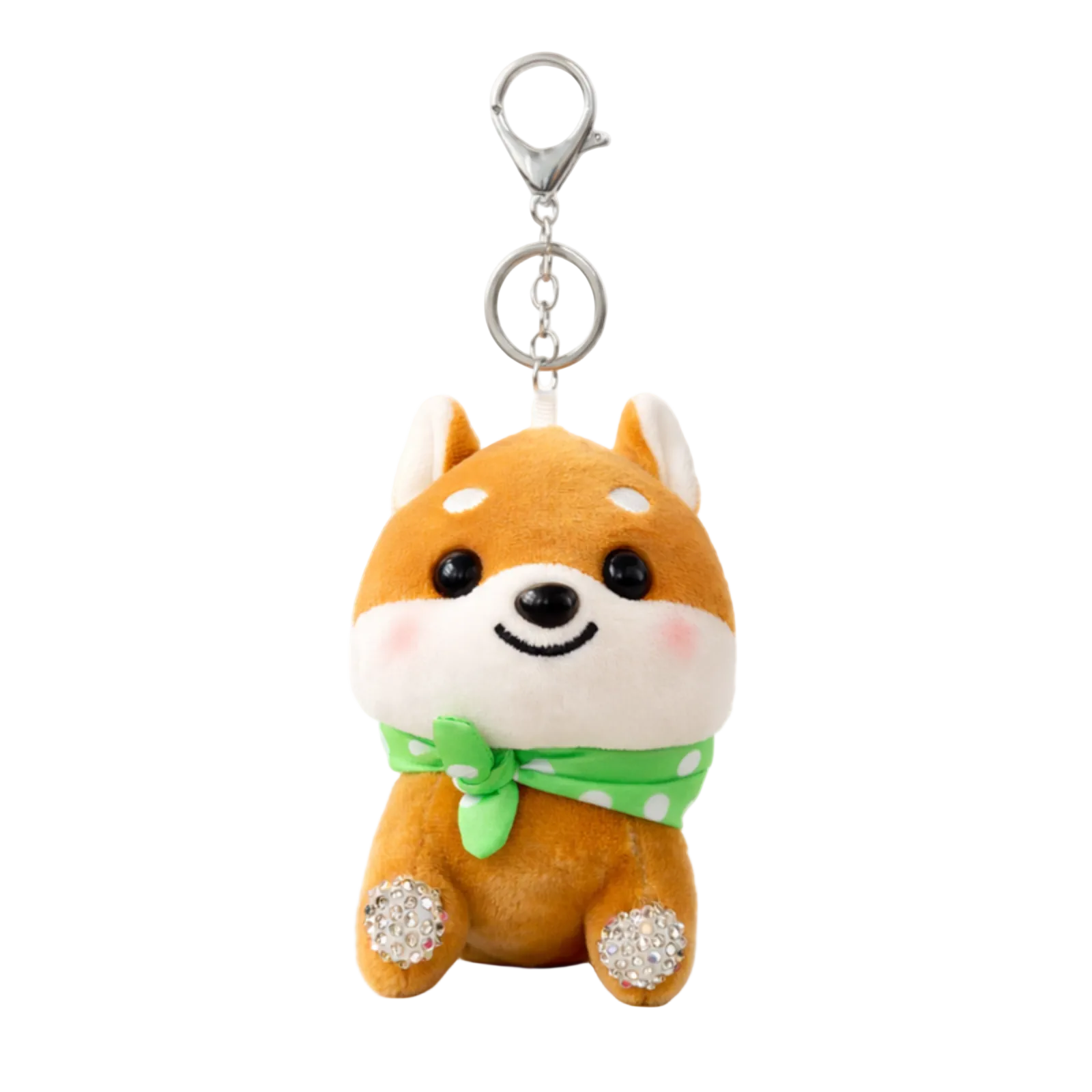 Plush dog-shaped keychain with a green bow on a white background