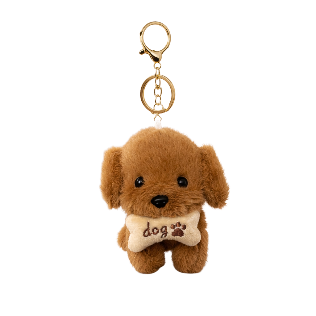Plush Dog Keychain with Brown Ears & Beige Bone