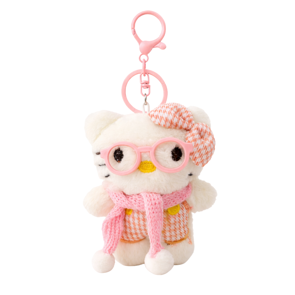 White Cat Plush Bag Charm with a Bow, Glasses & Scarf