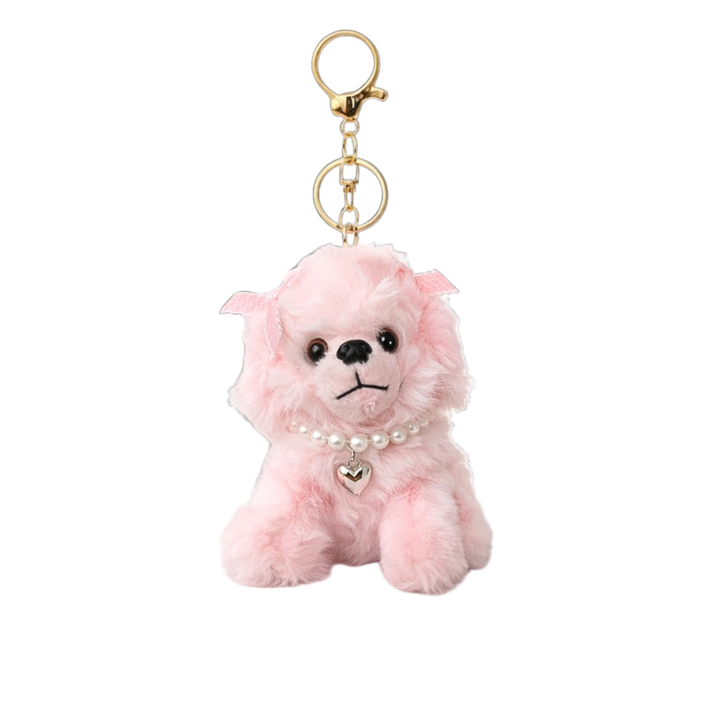 Puppy Plush Keychain with Pearl Necklace & Heart Charm