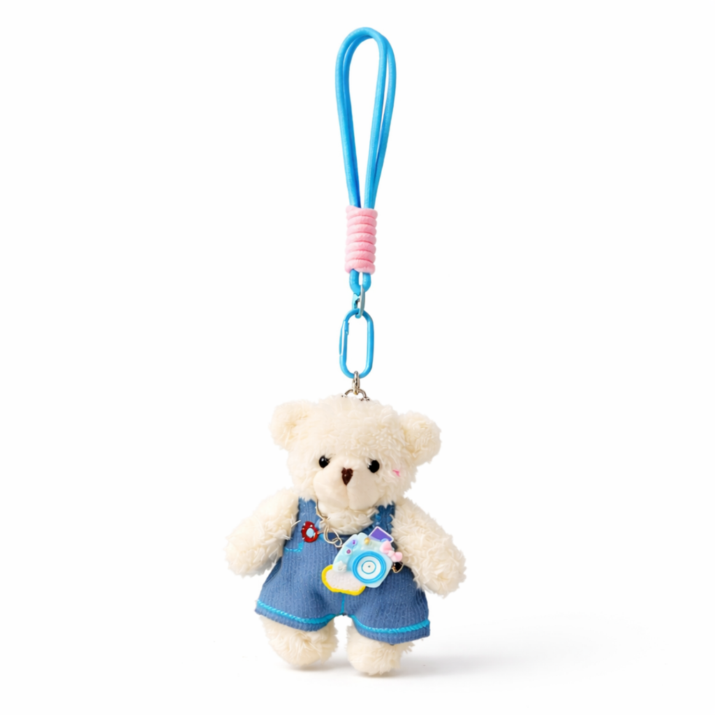 White Teddy Bear Plush Bag Charm with Frock & Mini Camera Charm
