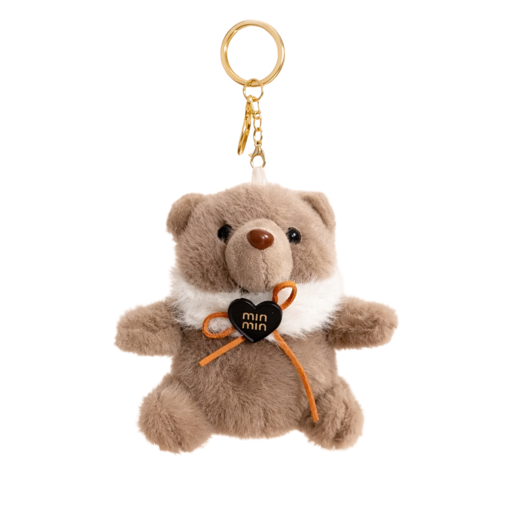 Grey Teddy Bear Plush Keychain with Black Heart Charm