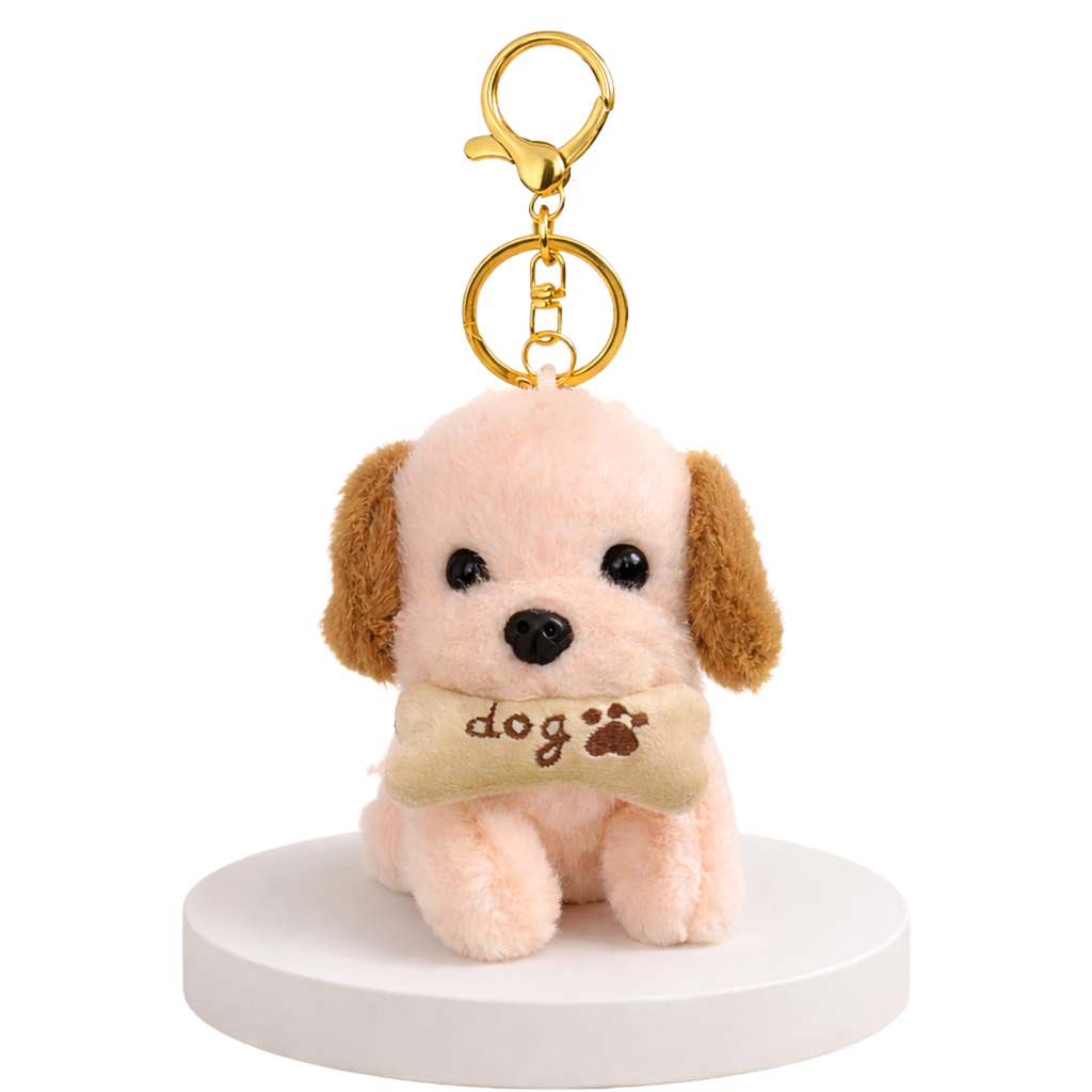 Plush Dog Keychain with Brown Ears & Beige Bone