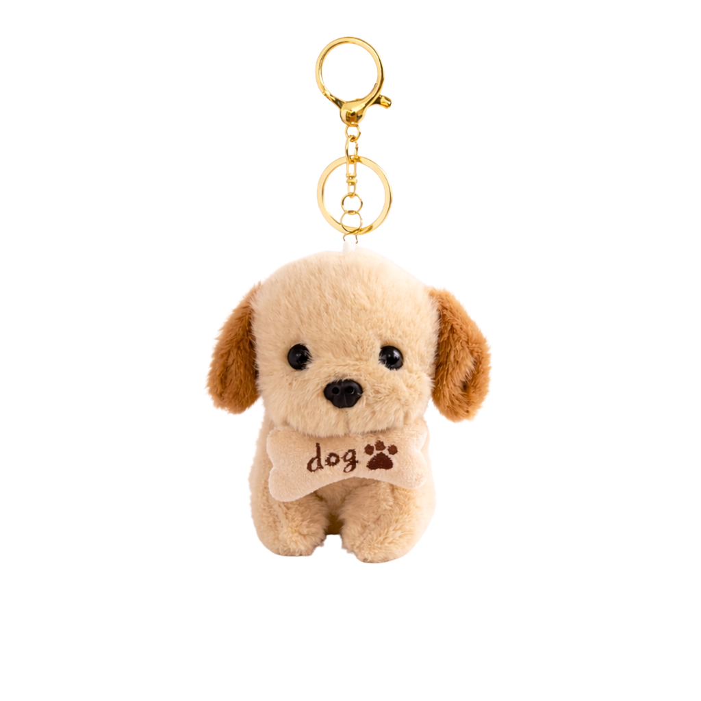 Plush Dog Keychain with Brown Ears & Beige Bone