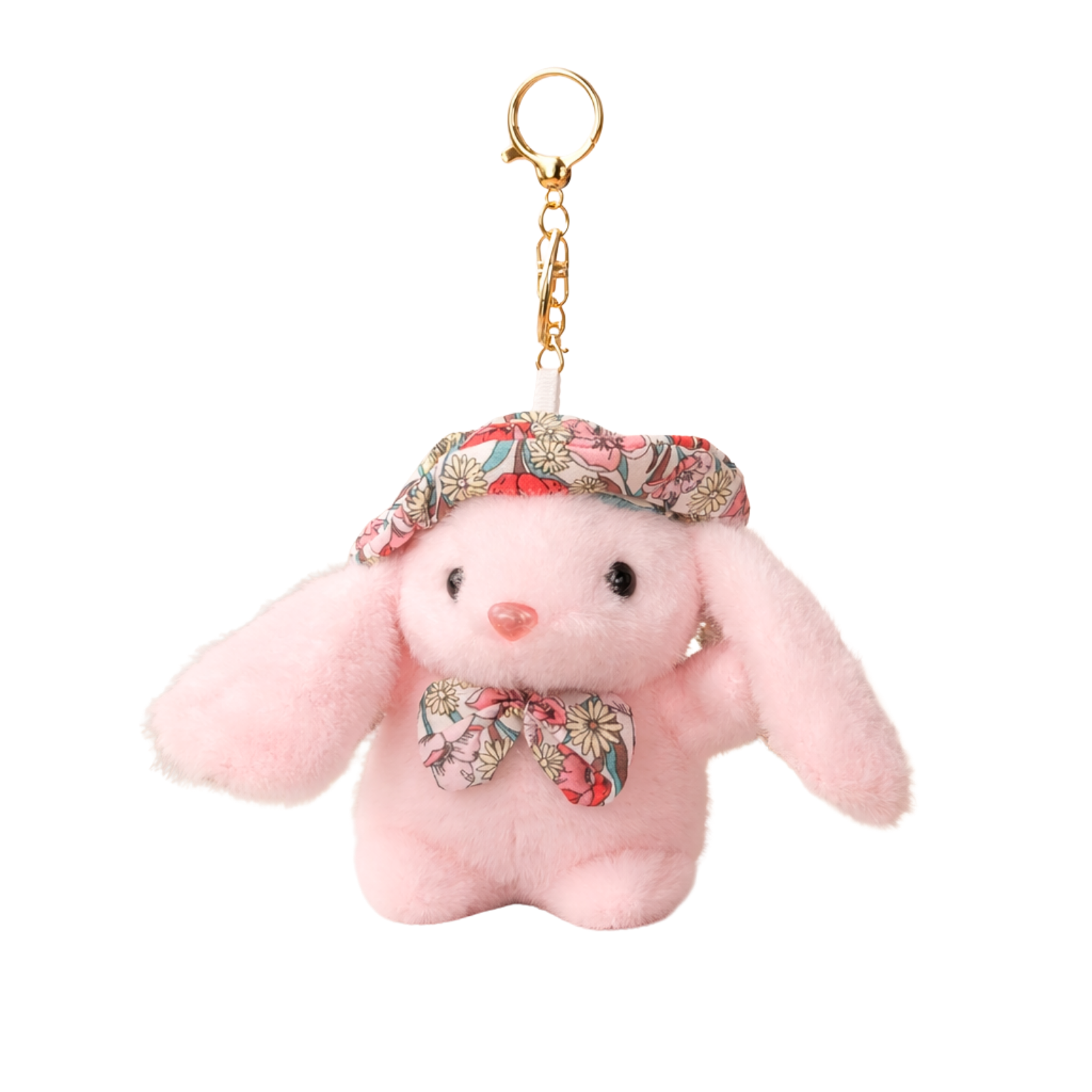 Soft Plush Bunny Keychain with Floral Printed Hat and Bow