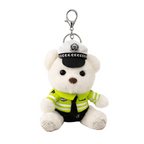 White teddy bear keychain with police uniform and hat on a white background