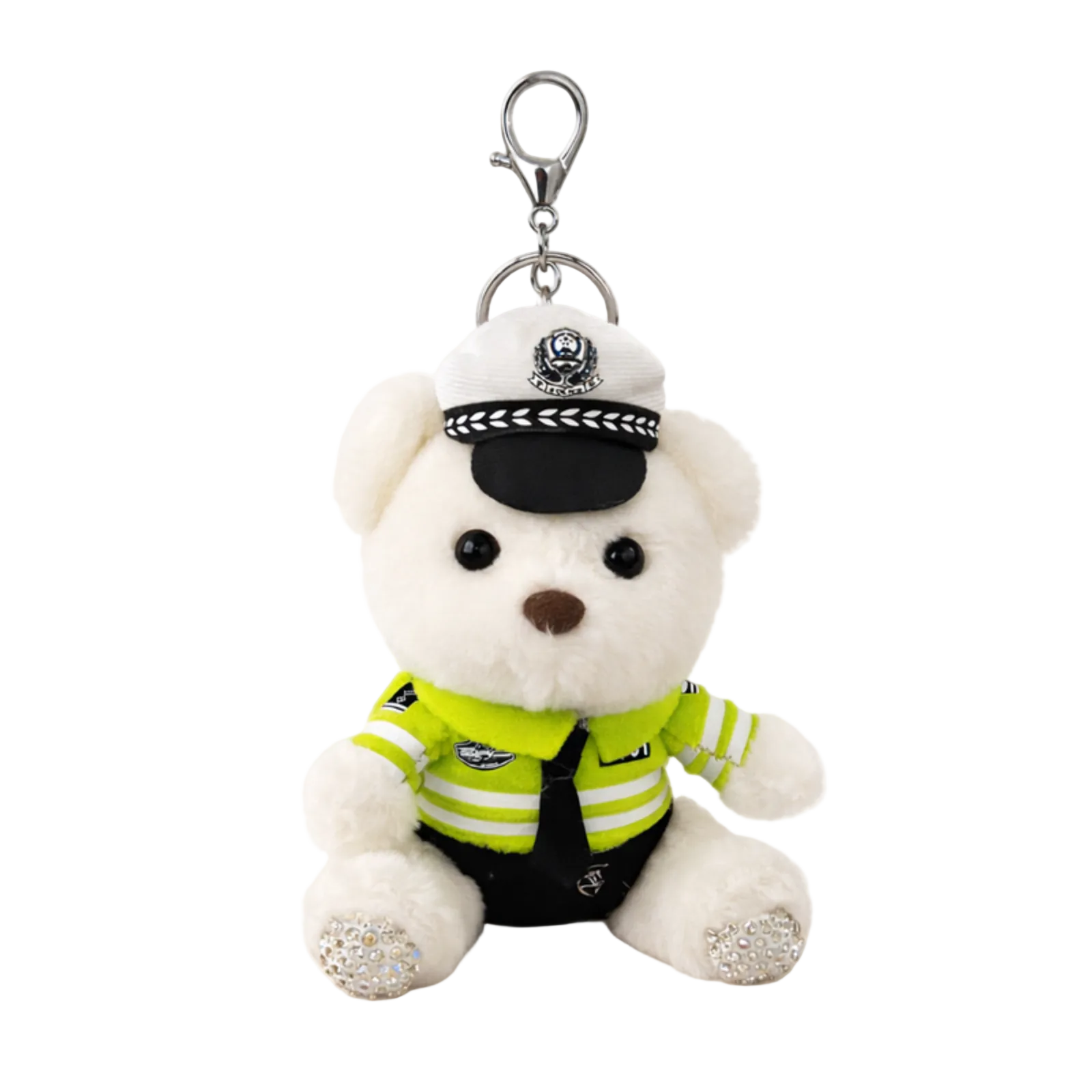 White teddy bear keychain with police uniform and hat on a white background