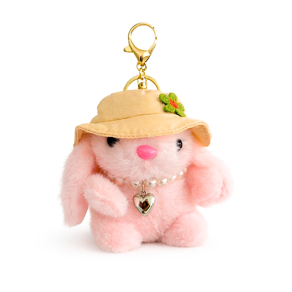 Plush Bunny Keychain with Cream Hat and Green Flower Embroidery