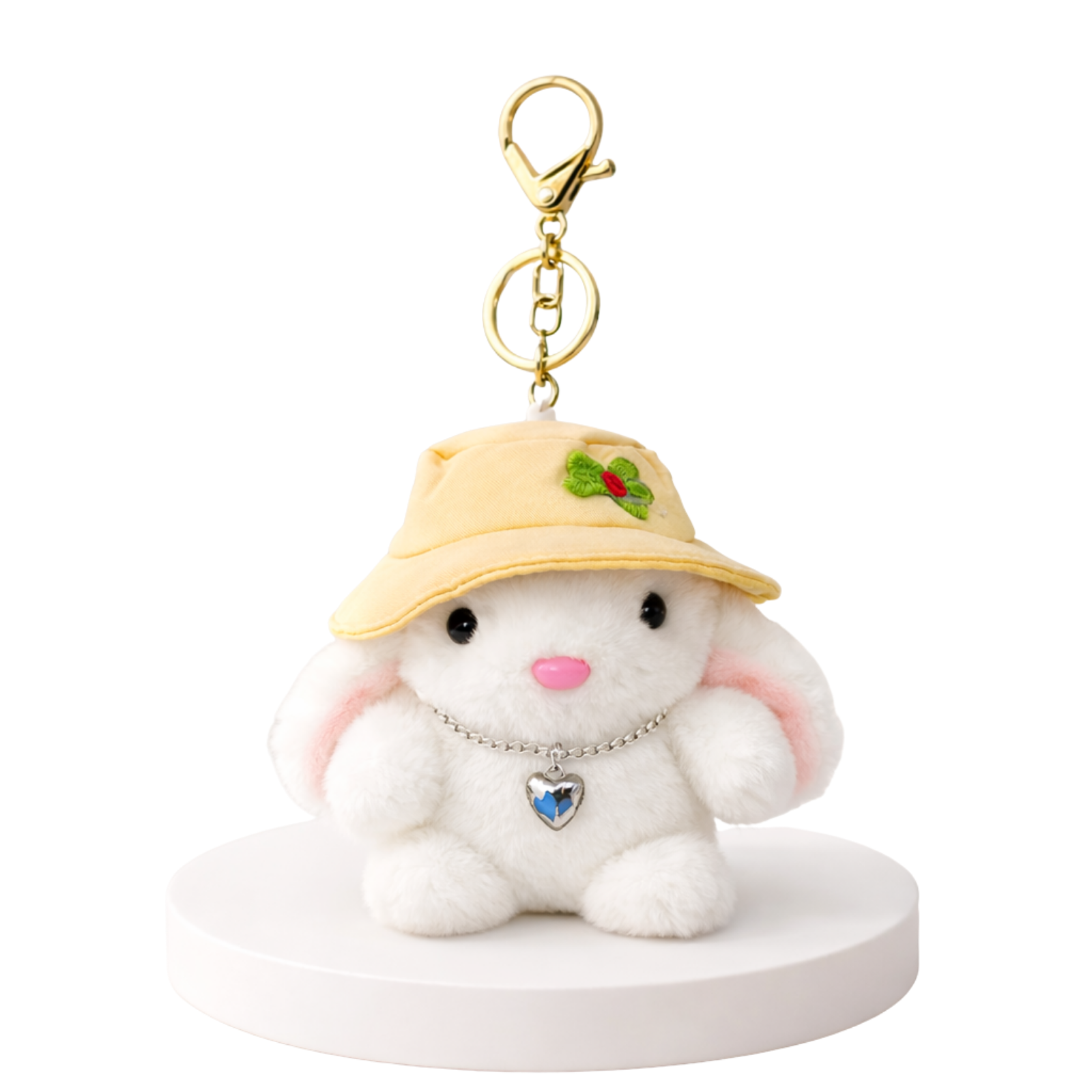 Plush Bunny Keychain with Cream Hat and Green Flower Embroidery