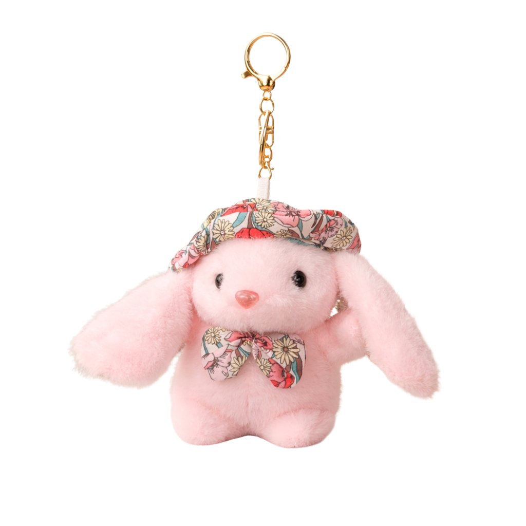 Soft Plush Bunny Keychain with Floral Printed Hat and Bow