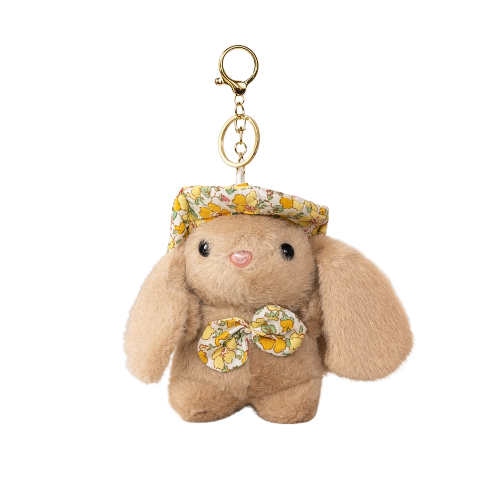 Soft Plush Bunny Keychain with Floral Printed Hat and Bow