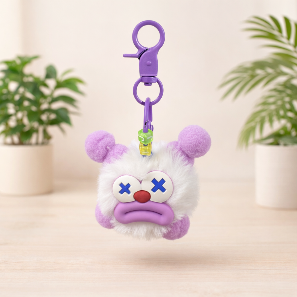 Purple & White Plush Monster Keychain with X Eyes & Red Nose