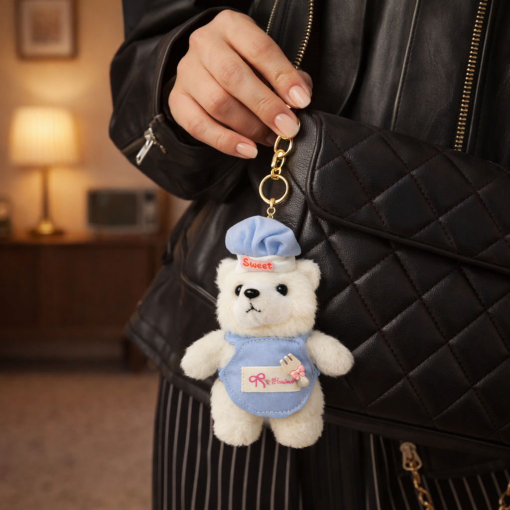 White Chef Teddy Plush Bag Charm with a “Sweet” Hat