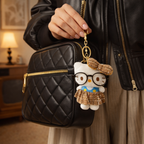 White Cat Plush Bag Charm with Glasses, Bow & Dress