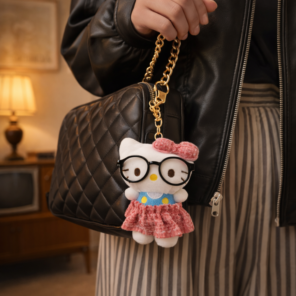 White Cat Plush Bag Charm with Glasses, Bow & Dress