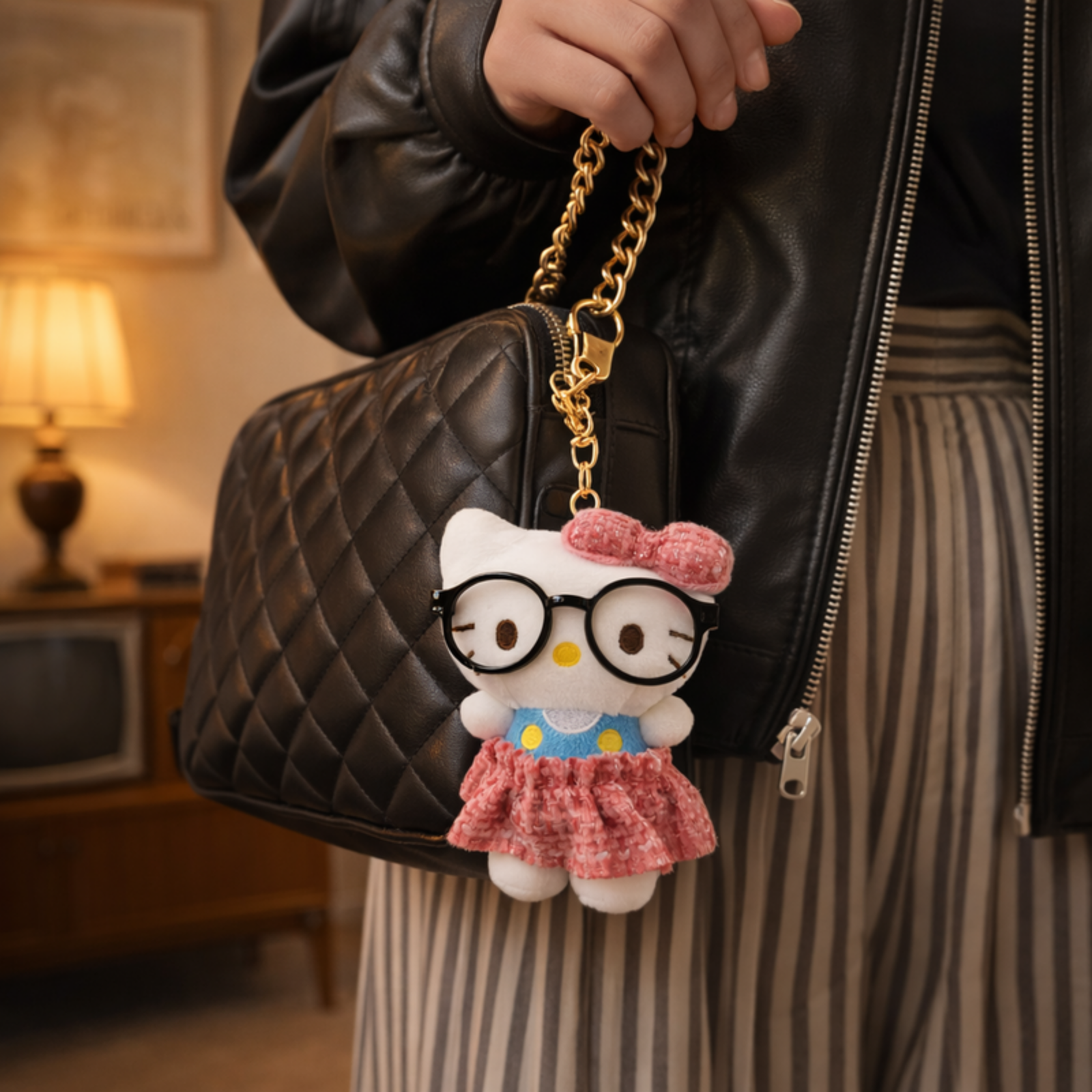 White Cat Plush Bag Charm with Glasses, Bow & Dress