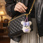 White Teddy Plush Bag Charm with Bow & Checkered Apron