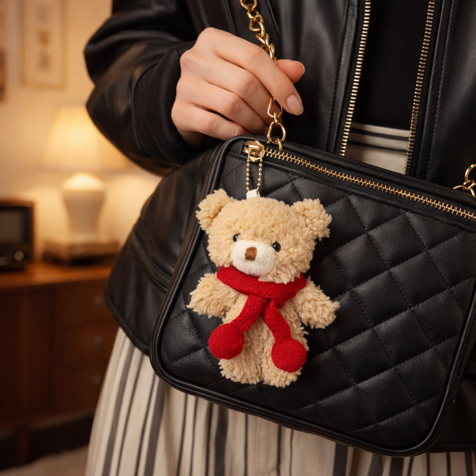 Teddy Plush Bag Charm with Knitted Scarf & Chain