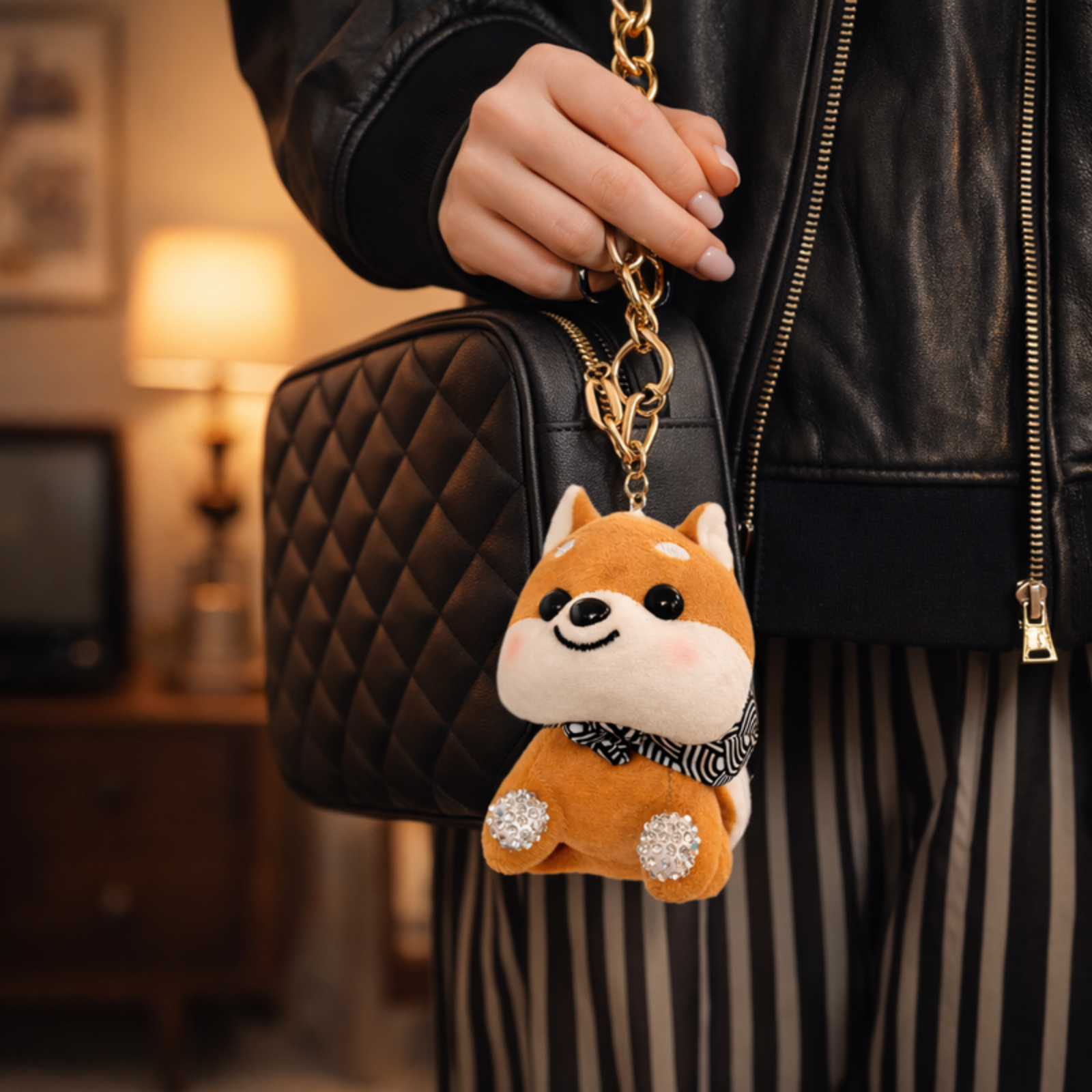 Brown Shiba Inu Plush Bag Charm with Crystal Paw & Scarf