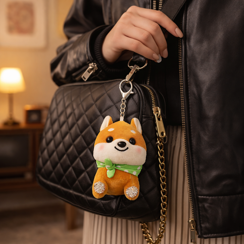 Brown Shiba Inu Plush Bag Charm with Crystal Paw & Scarf