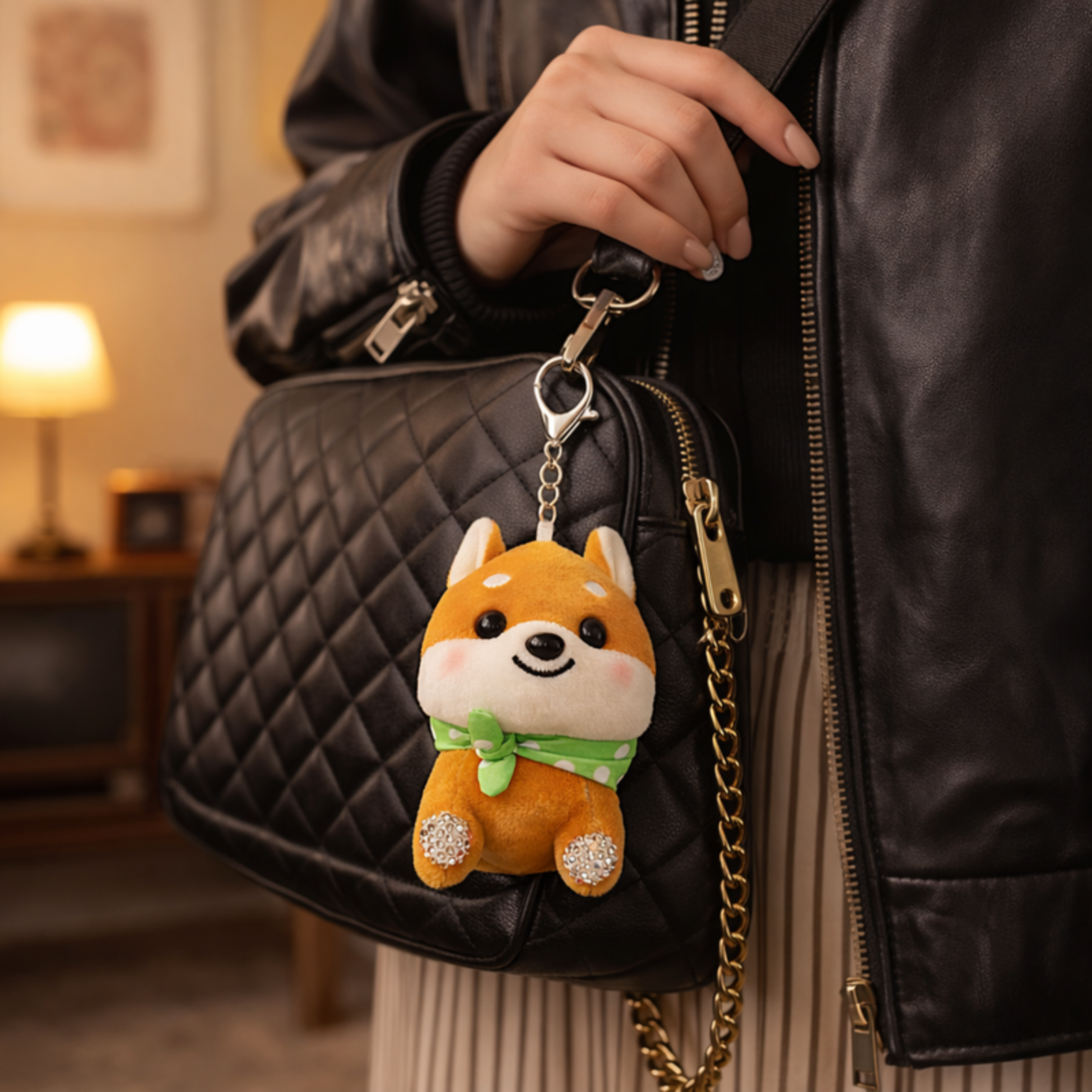 Brown Shiba Inu Plush Bag Charm with Crystal Paw & Scarf