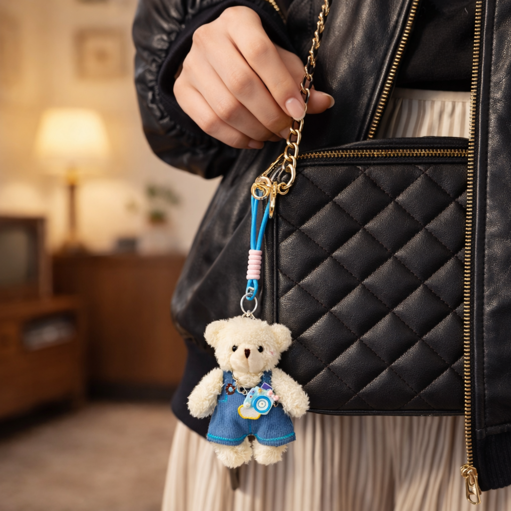 White Teddy Bear Plush Bag Charm with Frock & Mini Camera Charm