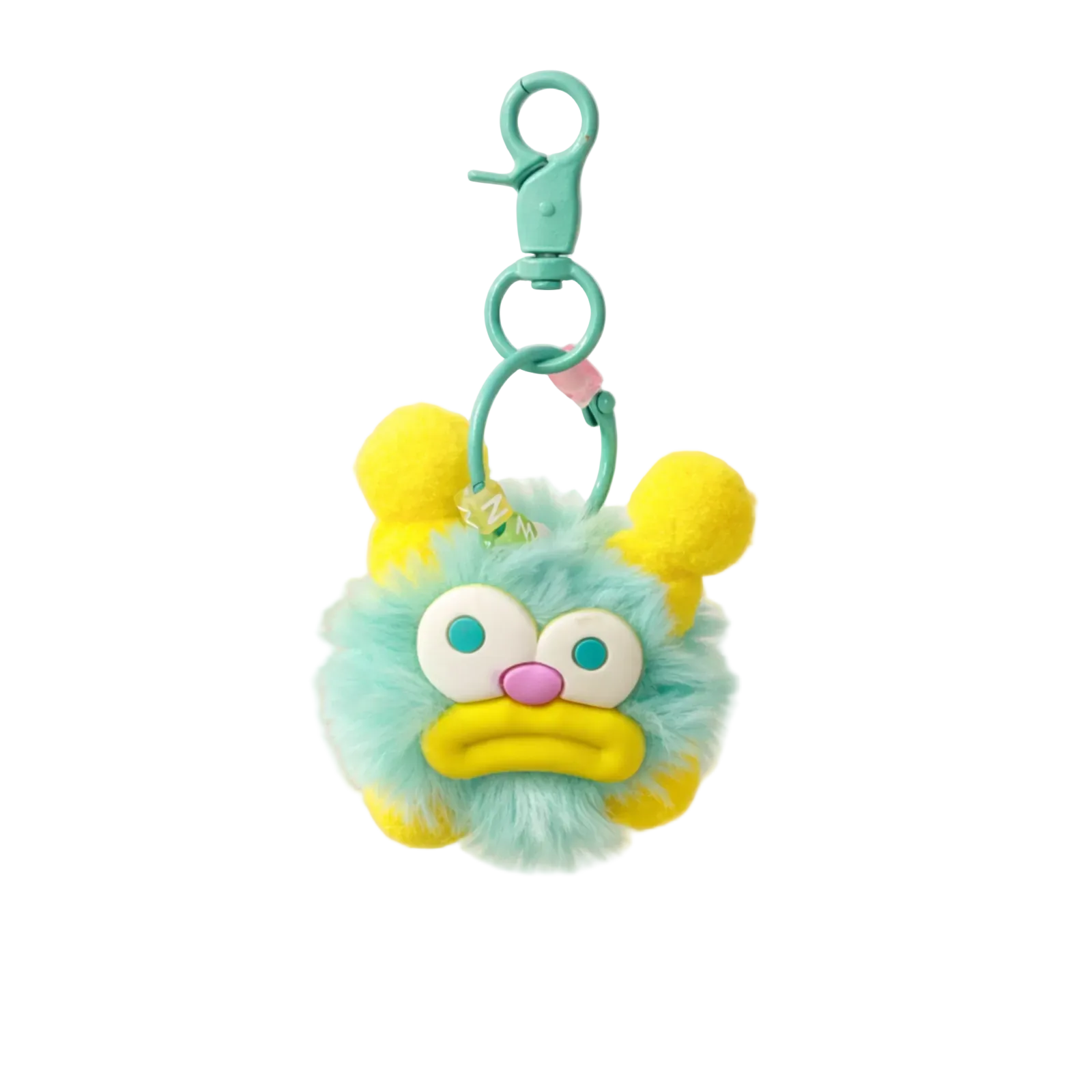 Plush keychain with a cartoonish face on a neutral background