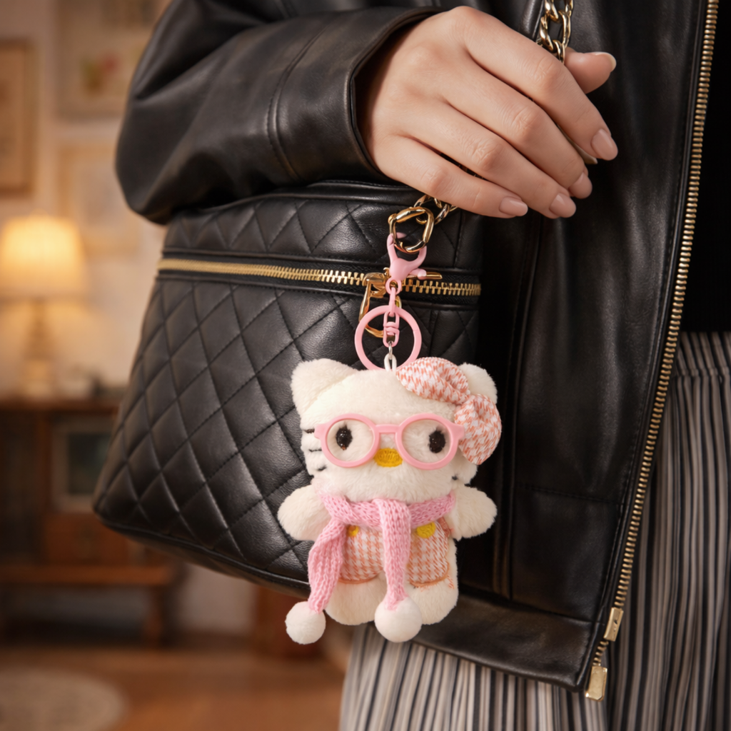 White Cat Plush Bag Charm with a Bow, Glasses & Scarf