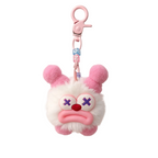 Small plush keychain with a sad face design on a neutral background