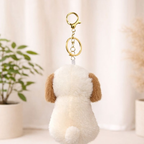 Plush Dog Keychain with Brown Ears & Beige Bone