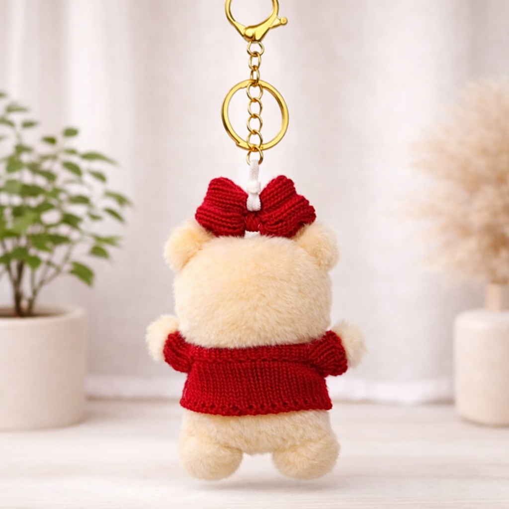 Plush Teddy Keychain with Bow & Sweater