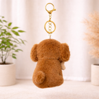Plush Dog Keychain with Brown Ears & Beige Bone