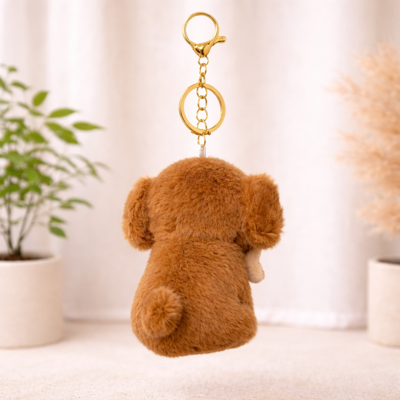 Plush Dog Keychain with Brown Ears & Beige Bone