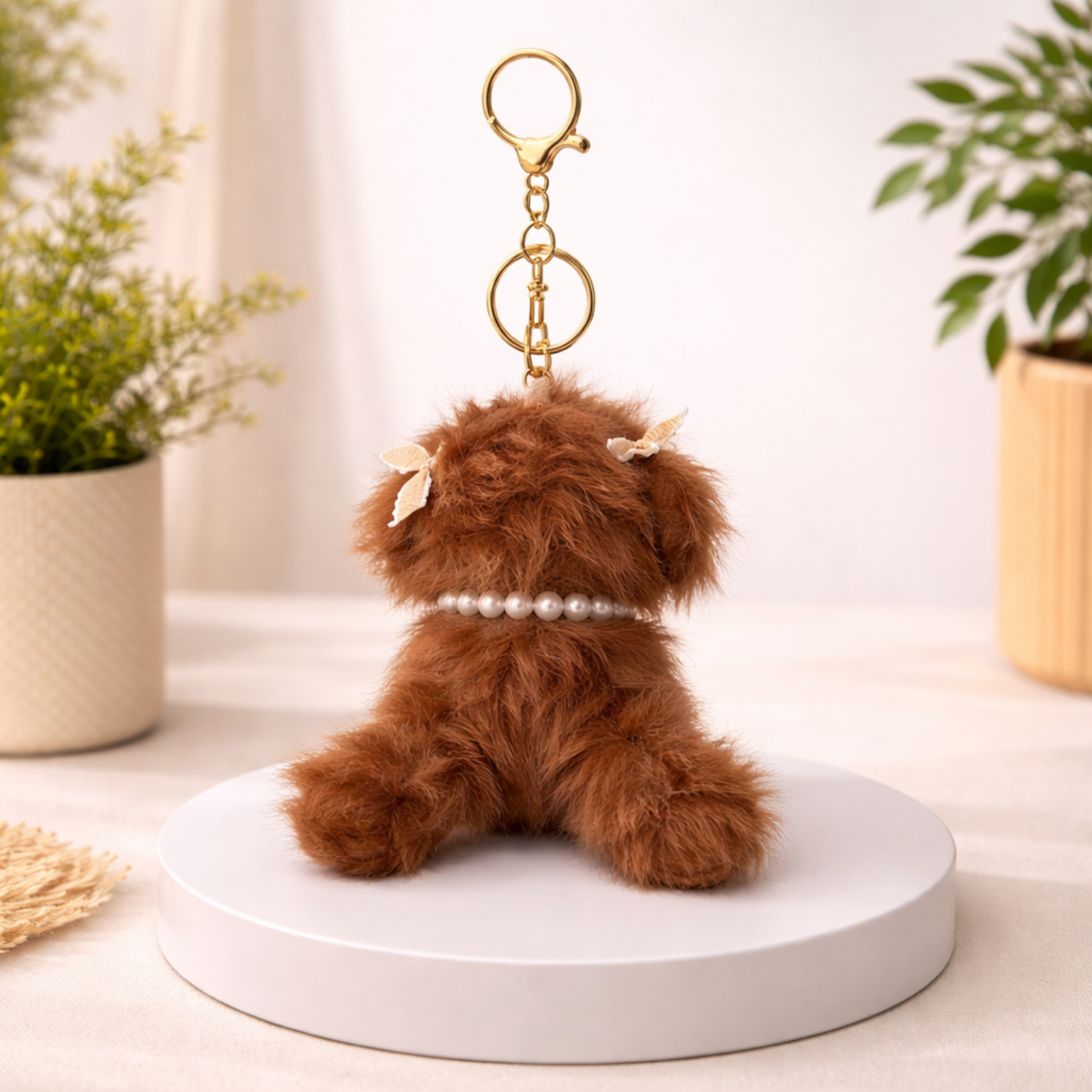 Puppy Plush Keychain with Pearl Necklace & Heart Charm