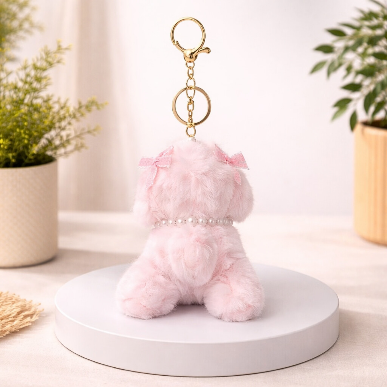 Puppy Plush Keychain with Pearl Necklace & Heart Charm