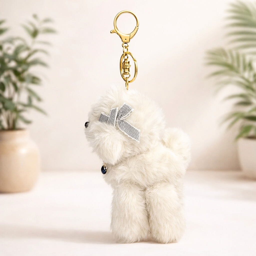 Puppy Plush Keychain with Pearl Necklace & Heart Charm
