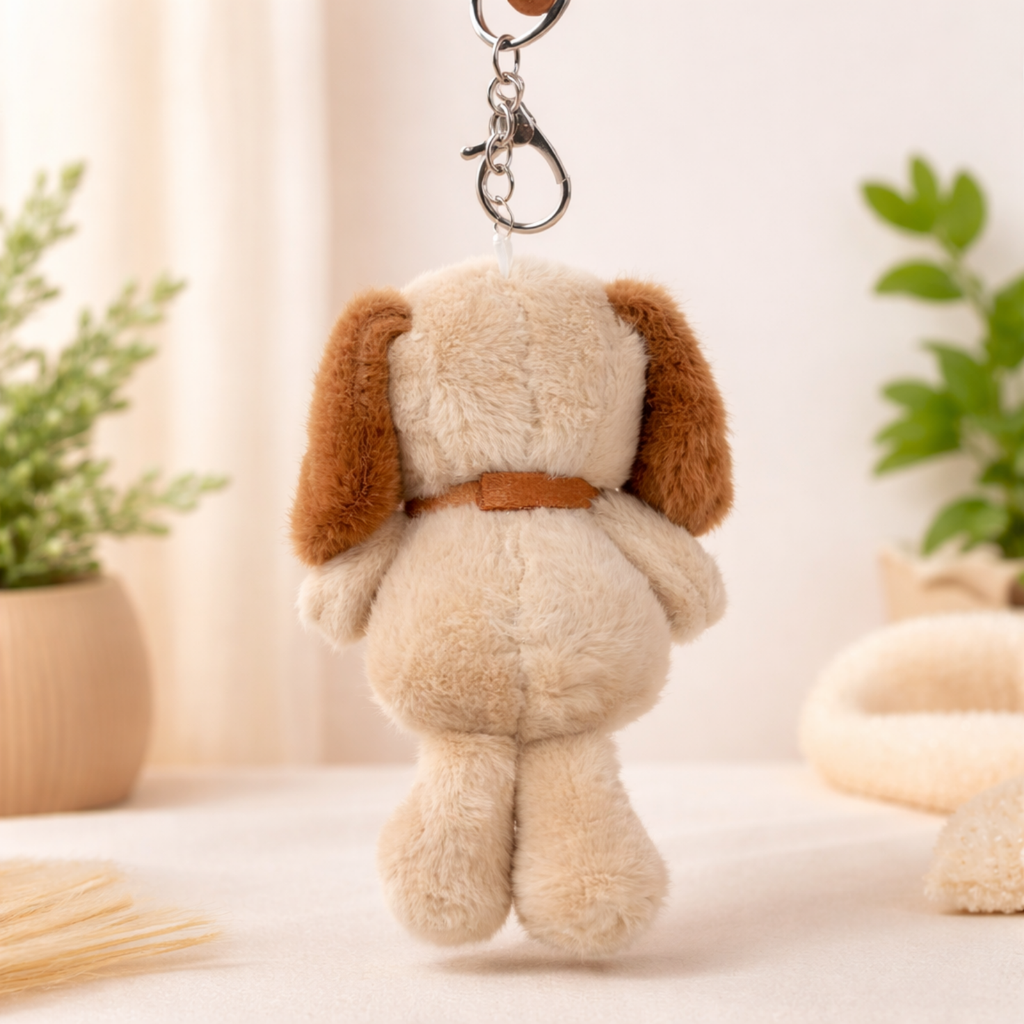 Beige Puppy Plush Keychain with Floppy Brown Ears