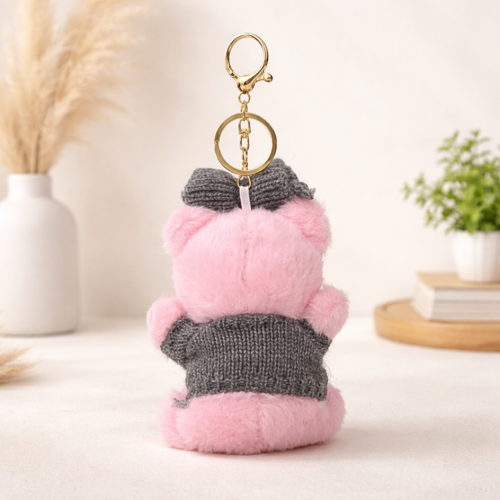 Plush Teddy Keychain with Bow & Sweater