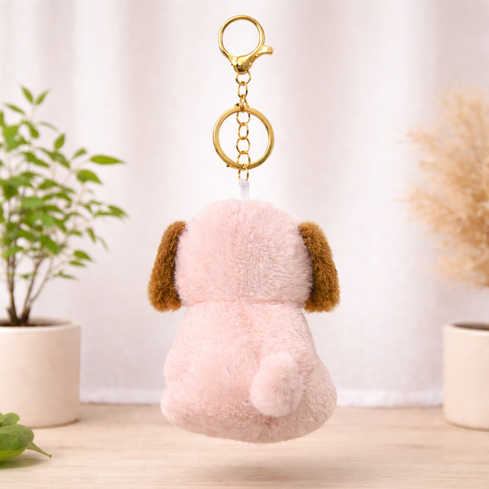 Plush Dog Keychain with Brown Ears & Beige Bone
