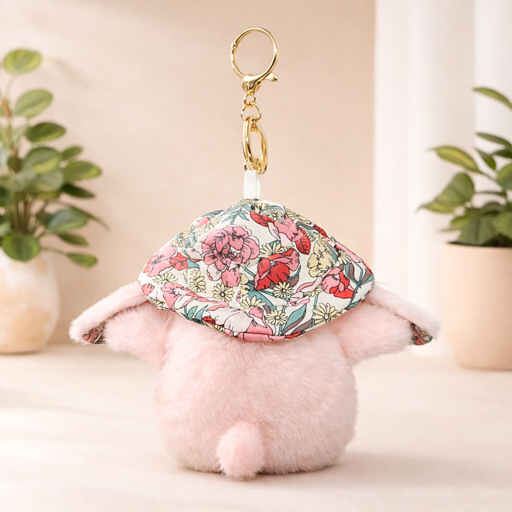 Soft Plush Bunny Keychain with Floral Printed Hat and Bow