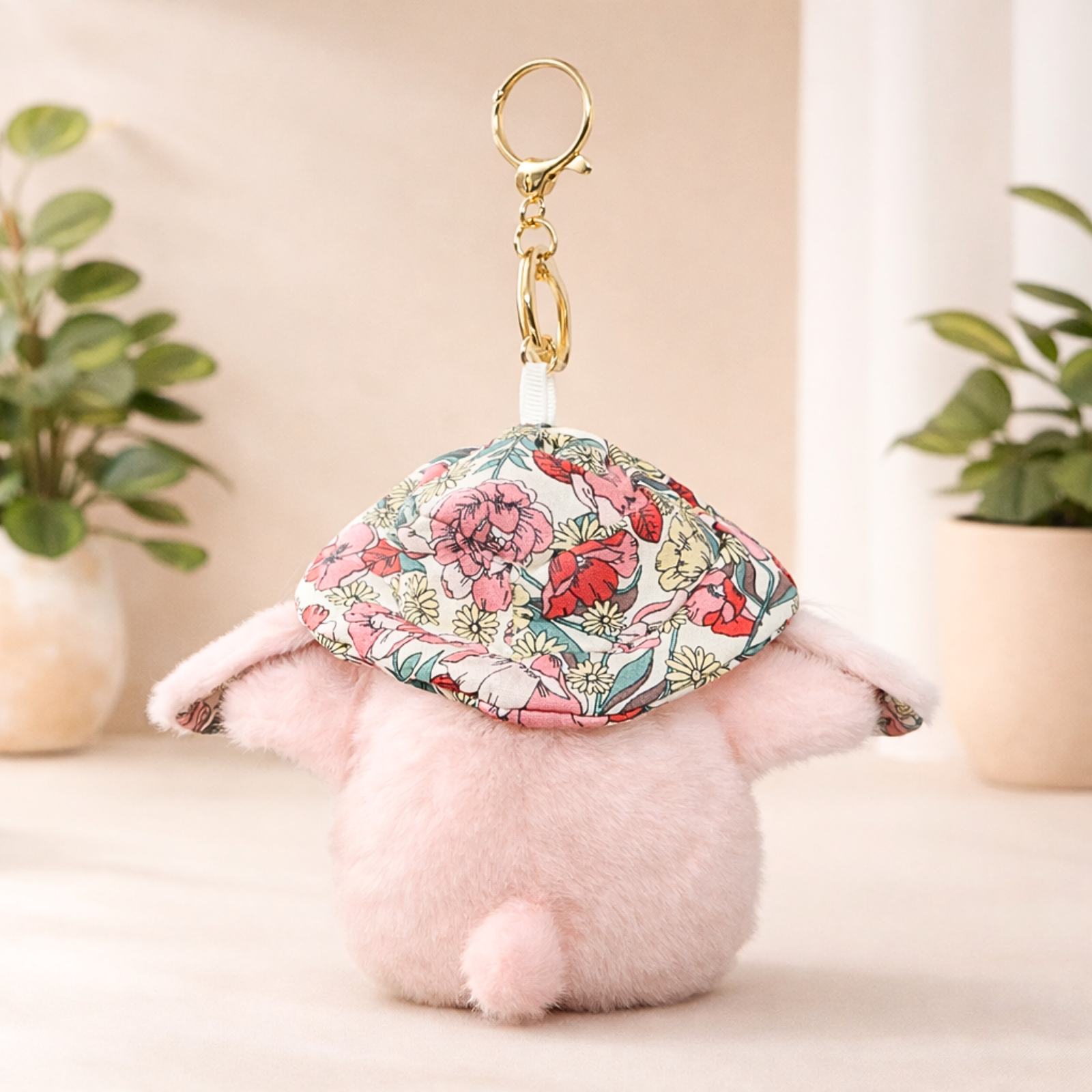 Soft Plush Bunny Keychain with Floral Printed Hat and Bow