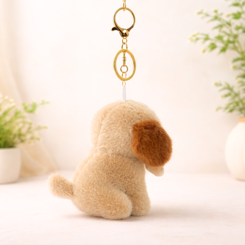 Plush Dog Keychain with Brown Ears & Beige Bone