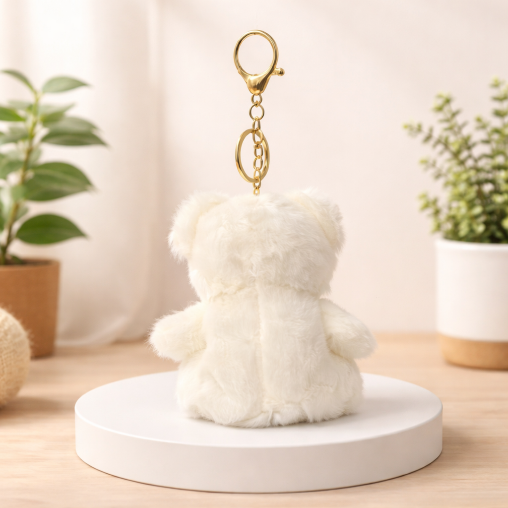 Teddy Bear Plush Keychain with Crochet Flower Detail