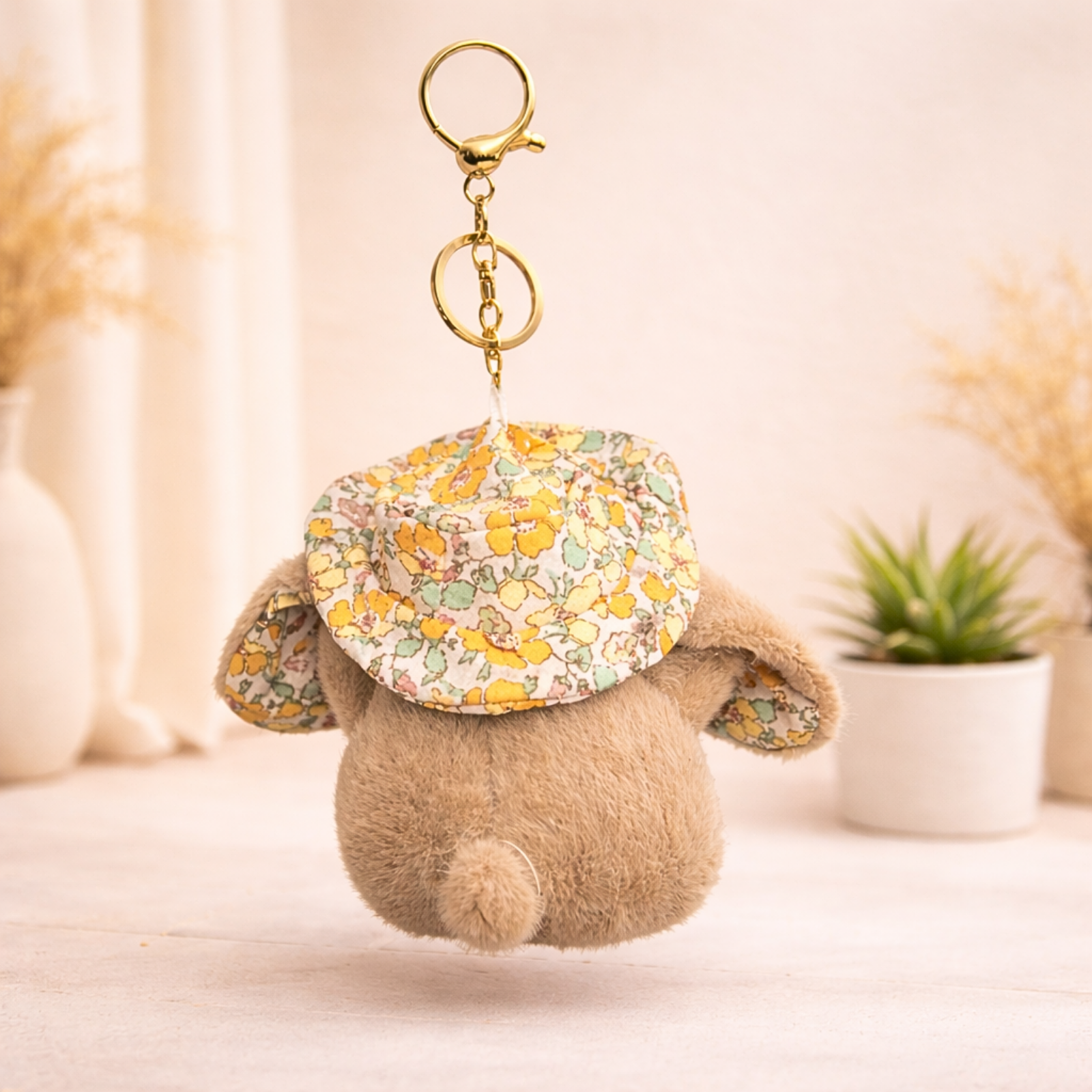 Soft Plush Bunny Keychain with Floral Printed Hat and Bow